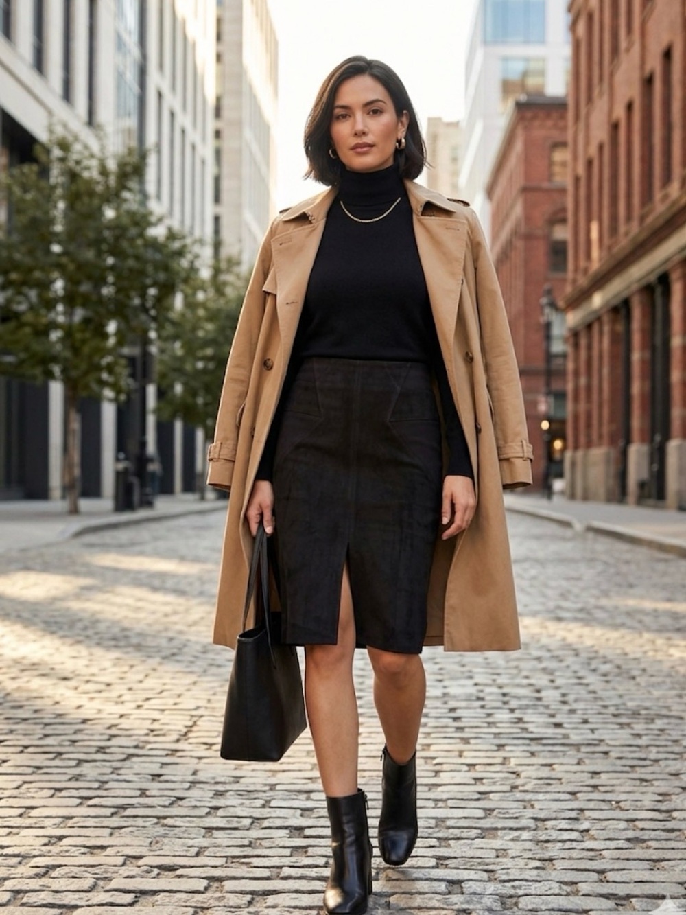Sioni Black Suede Pencil Skirt with Front Slit